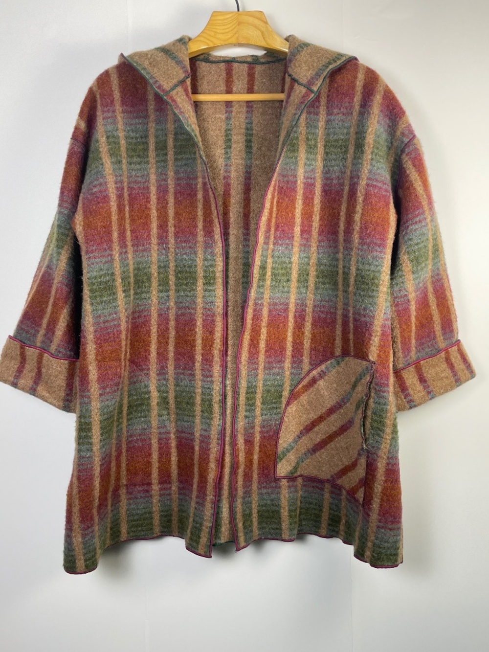 VTG 100% Wool Reversible Blanket Jacket Hooded Striped Oversized Swing Coat M/L